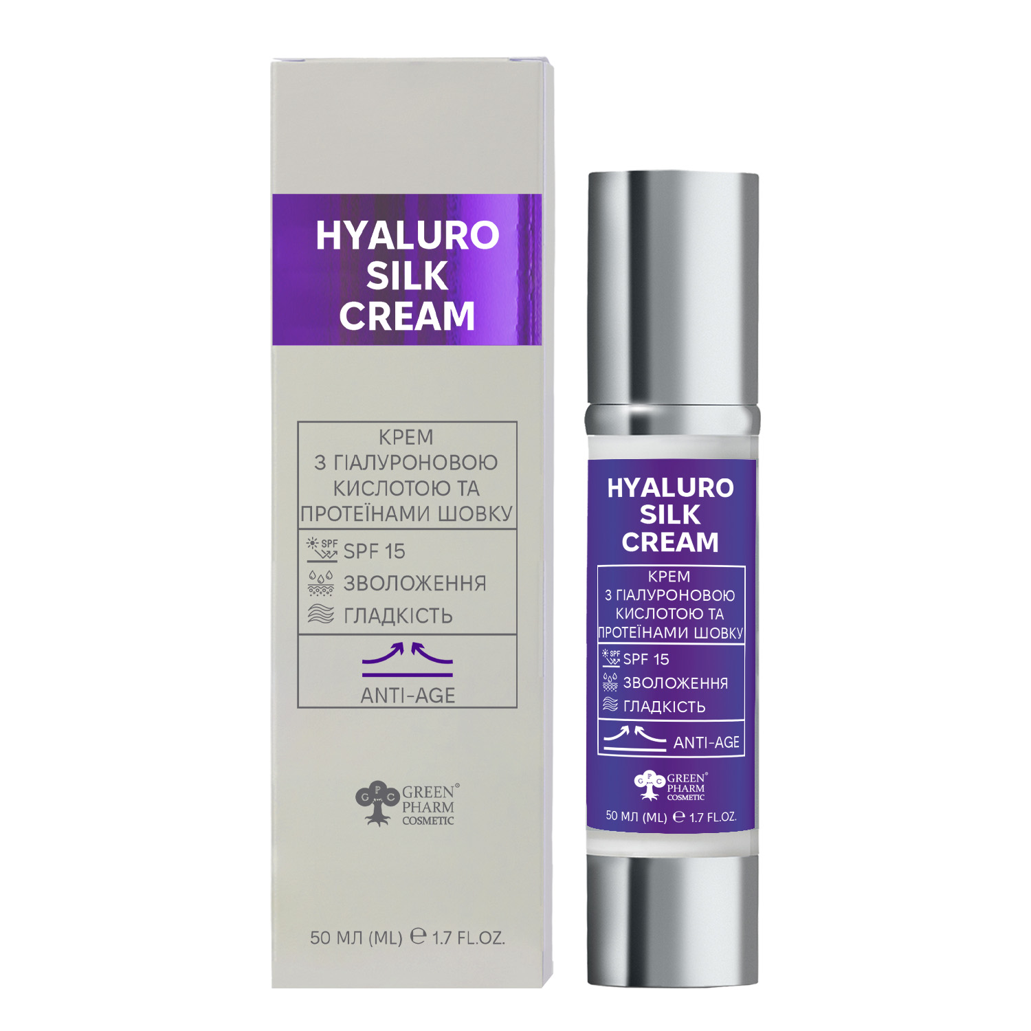 КРЕМ З ГІАЛУРОНОВОЮ КИСЛОТОЮ ТА ПРОТЕЇНАМИ ШОВКУ HyaluroSilk Cream (SPF 15), 50 МЛ